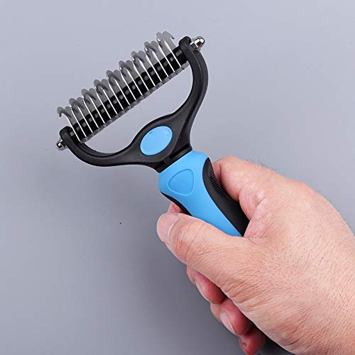 Pet Grooming Brush and Dematting Tool for Detangling Loose Haired and Undercoat, Helps Reduce Tangles and Mats in Long Fur, Gentle and Stress Free (Blue)