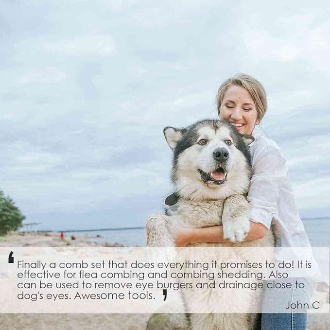 3 Pack Dog Grooming Comb, Flea Lice Pet Combs, Stainless Steel Cat Combs with Rounded Teeth, Professional Metal Tear Stain Remover, Dematting Tool for Small, Medium & Large Pets