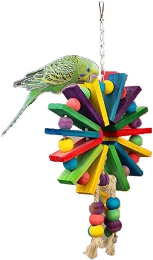 Parrot Hanging Chew Toy Bird Bite Swing with Colorful Wood Beads Bells for Parrot Macaw African Greys Cockatiels Cage Accessories (Colorful Wood Toy)