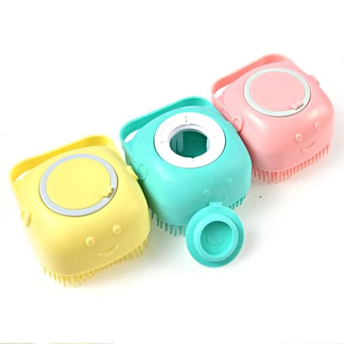Dog Brush Cat Brush Shampoo Dispensing Scrubber Soft Silicone Design Hanging Loop For All Skin Types Grooming, Deshedding and Exfoliating, Blue