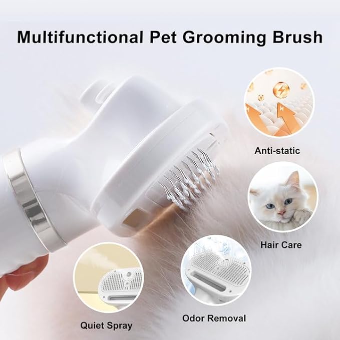 3-in-1 Pet Grooming Tool - Hair Dryer with Slicker Brush & Steam Spray, Self-Cleaning Deshedding Brush with USB Rechargeable for Dogs/Cats, Ideal for Home & Travel