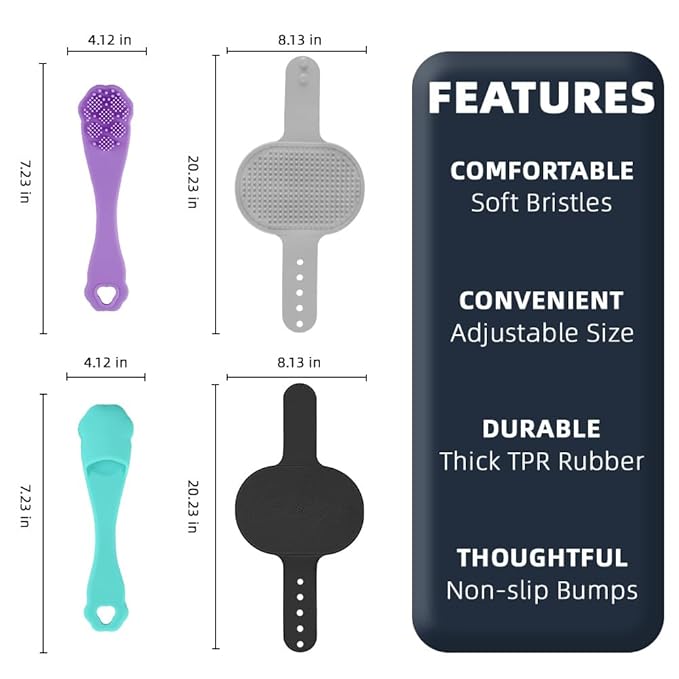 4PCS Dog Bath Brush | Scrubber for Bath | Shampoo Brush | Toothbrush | Finger Toothbrush | Dog Shower/Washing Brush with Adjustable Ring Handle - Pet Bath Supplies (Black Grey)