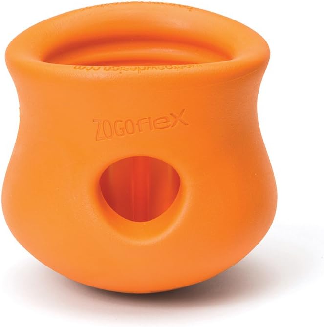 West Paw Zogoflex Toppl Treat Dispensing Dog Toy Puzzle Interactive Chew Toys for Dogs Dog Toy for Moderate Chewers, Fetch, Catch Holds Kibble, Treats, Large 4", Tangerine
