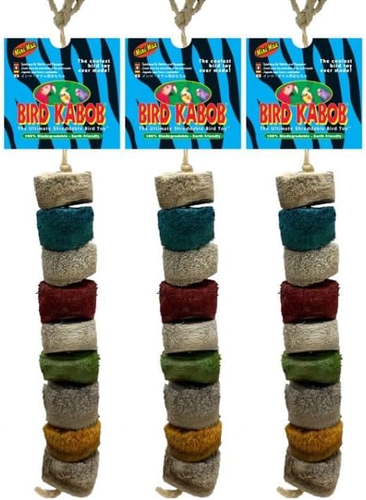 BIRD KABOB Mini Max - 3 Pack - an All-Natural, Holistic, Veterinarian Recommended, Earth Friendly, shreddable Hanging Bird Toy with Colored Yucca Chunks