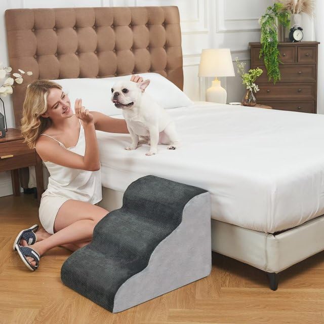 BOMOVA Dog Stairs to Bed, 3-Step Dog Steps for High Bed and Couch, Dog Stairs for Small Dogs, Non-Slip Bottom Pet Stairs, Pet Steps Indoor, Grey, 2/3/4/5 Steps