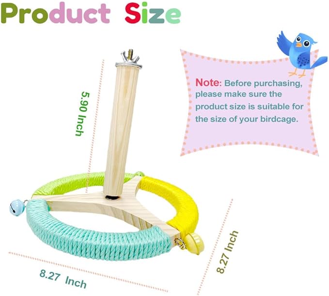 Bird Perch Toy with Bells, Parrot 360°Interactive Rotating Toy,Bird Cage Accessories for Small and Medium Parrots,Parrot Wooden Stand for Conures Parakeets Cockatiels Lovebirds