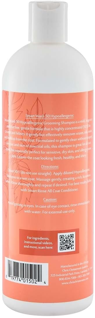 Chris Christensen Smartwash50 Hypoallergenic Ultra Concentrated Dog Shampoo, Makes Up to 50 Bottles, Groom Like a Professional, Delightfully Fragranced, Suitable for All Coats, Made in USA, 16 Oz