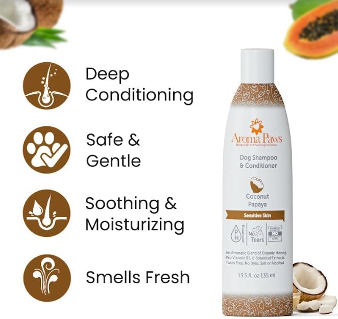 Dog Shampoo and Conditioner - Aromatic Tearless Shampoo for Cleansing, Grooming, and Conditioning Sensitive Skin - Moisturizing Shampoo for Dogs and Puppies - Coconut Papaya 13.5 oz