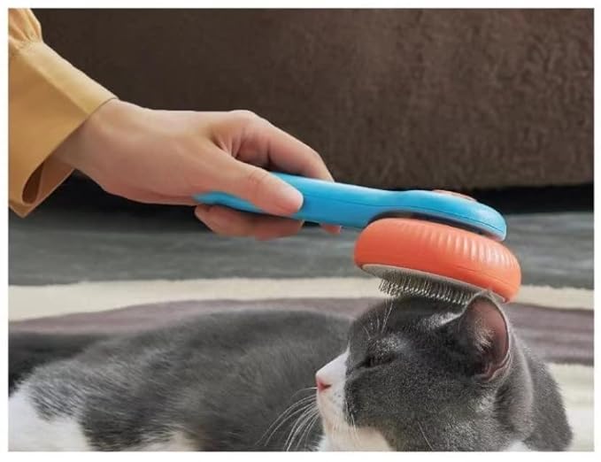 Pet Grooming Cat and Dog Brush, Self-Cleaning Sliker Brush for Removes Mats, Tangles, and Loose Hair, Shedding Brush for Short or Long Haired Cats/Dogs (Blue+Orange)