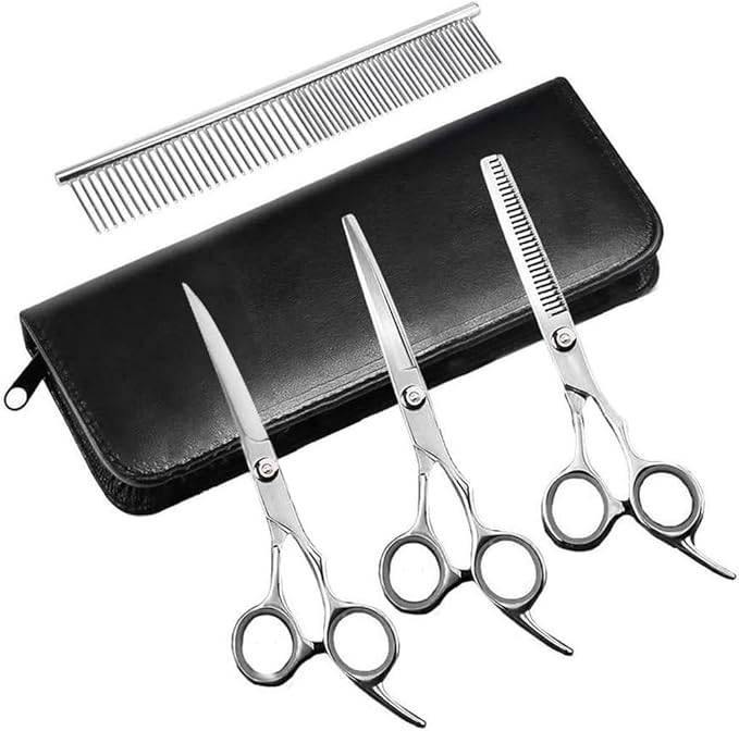 Dog Grooming Scissors,Pet Grooming Scissors with Thinning,Straight,Curved Down Shears great for Groomers,Home Grooming and Groomer Beginners (Scissors Kit with Tapered Tips)
