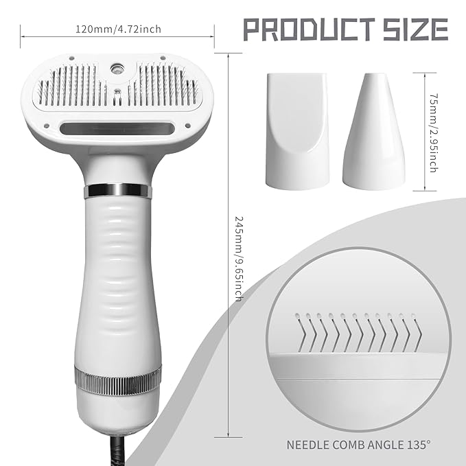 Spray Cat Brush for Shedding Pet Hair Dryer with Slicker Brush - Home Grooming Furry Portable Drying Blower for Short Straight Hair Cat - 3 in 1 Cleaning Brush for Cats and Dogs (white)
