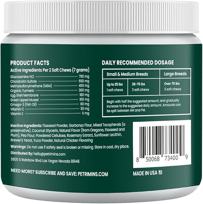 Advanced Hip & Joint Supplement for Dogs with Glucosamine and Chondroitin, for Dogs Glucosamine, Organic Turmeric, Egg Shell Membrane, Green Lipped Mussel, 90-Count, Chicken