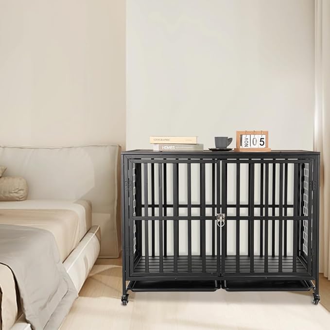 42'' Dog Crate Furniture, Wooden Dog Kennel with Lockable Wheels, Dog Crate End Table with Trays, Decorative Dog Kennel Indoor, Heavy Duty Dog Cage for Medium Large Dogs, Rustic Brown