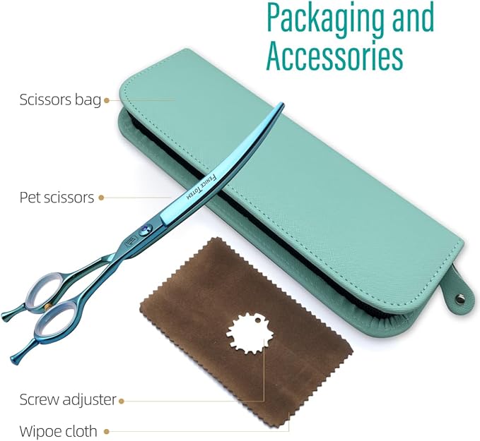 Dog Grooming Scissors: Blueish Green 7 inch Professional Pet Curved Shears Made Of Japanese 440C Advanced Stainless Steel for Dogs Cats and Other Pets