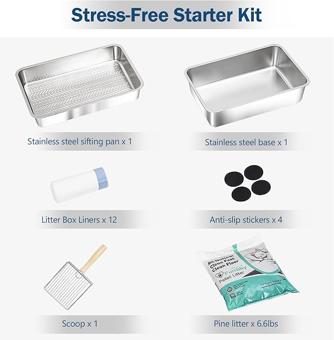 Stainless Steel Sifting Litter Box with Lid, Metal Litter Pan with Scoop for Big Cats Multi Cat, Extra Large Cats Litterbox Odor Control Easy Clean (23 * 15.4 * 6.9inch-Without Enclosure, X-Large)