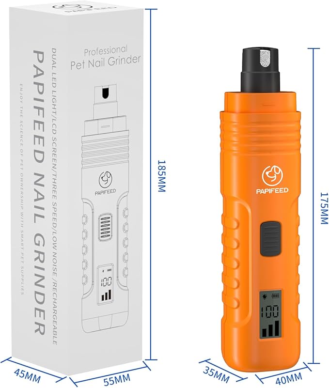 Dog Nail Grinder Professional Pets, 3-Speed Electric Quiet Dog Nail Grinder, Rechargeable Dog Nail Trimmers - with 2 LED Lights/2 Grinder Wheels, for Small, Medium, Large Dogs (Orange)