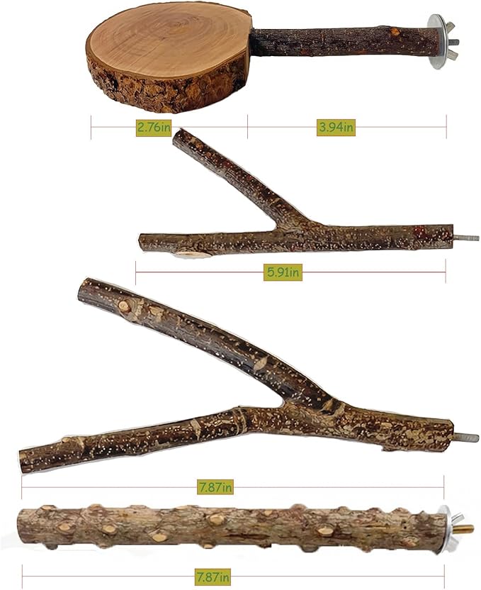 Bird Perches for Cage with Thick Thin Natural Wood, ROOJUNE Bird Cage Accessories 4 Pack Bird Perch Platform for Small Medium Parakeets Parrots Conures Cockatiels Finches Lovebirds