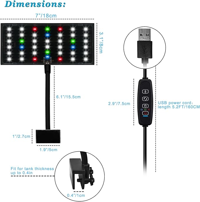 DOMICA Clip On Aquarium Light with Timer for 3 to 8 Gal Fish Tank (Dimmable Full Spectrum LED) USB Moving Lamp for Open Terrarium (Adapter NOT Included)