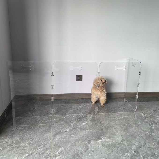 Acrylic Dog Playpen for House 4 Panels 80" W x 24" H Preassemble Foldable Clear Dog Gate Indoor with Handles, Free-Standing Pet Fence for Doorways Dog Pen for Small Dogs Puppy Cat Rabbit