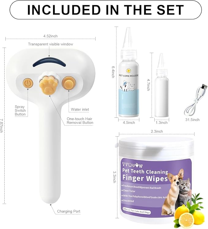 Pet Steam Brush for Dog & Cat 3-in-1 Spray Hair Removal Comb Steam Brush for Shedding & Grooming Spritz Defur Comb Includes Waterless Shampoo & Dental Wipes