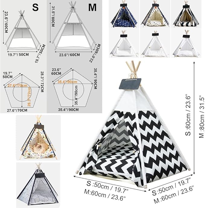 Solid Wood Cat Tent Indoor with Thick Mat,Portable Dog House Dog Teepee Tent,Cute Cat Teepee Cave, Cat Bed,Dog Bed Tent,Puppy Bed Tent,Bunny Tent,Pet Tent Teepee