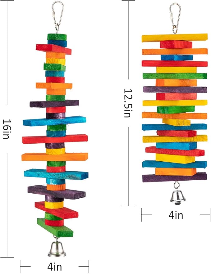 MEWTOGO 2Pcs Bird Toys - Parrot Toys with Multicolored Natural Wooden Blocks, Bird Chewing Sticks Toys for Conures Parakeets Cockatiels Lovebirds African Grey Macaws Amazon Parrots Gift