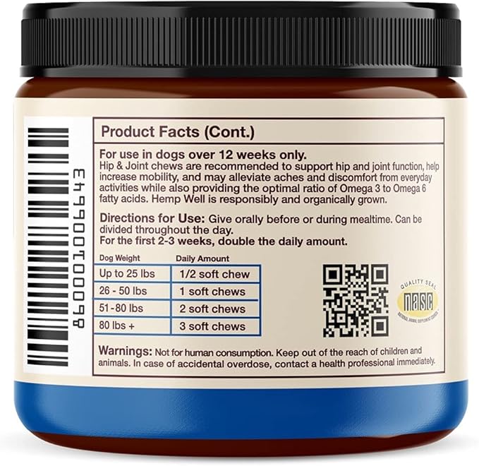 Hemp Well Hip and Joint Soft Chews Supports Mobility and Promotes Healthy HIPS and Joints for Dogs, Organically Sourced (60 Count)