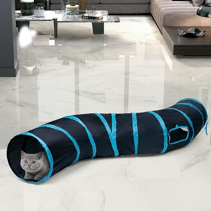 Sheldamy Cat Tunnel, S-2-Way Cat Tunnels for Indoor Cats, Collapsible Cat Play Tunnel, Interactive Toy Maze Cat House with 1 Play Ball for Cats, Puppy, Kitty, Kitten, Rabbit (Blue & Black)