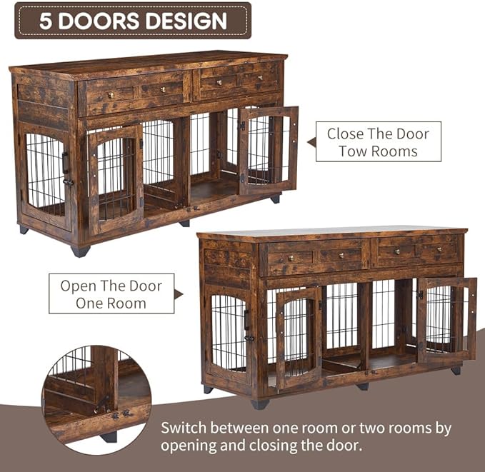 2 Rooms Dog Crate Furniture for Big Breed,58" Wooden Dog Crate Table with 2 Drawers,Indoor Dog Kennel,Dog House,Dog Cage,TV Stand (Brown)