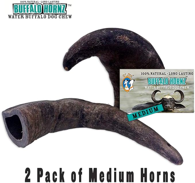2 Pack of Buffalo Hornz Medium Long Lasting 100% Natural Water Buffalo Horn Dog Chews