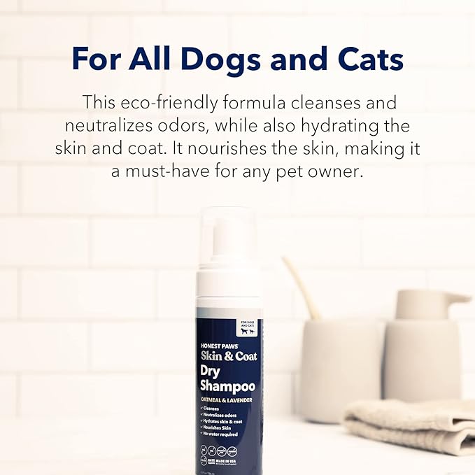 Honest Paws Dog Dry Shampoo - Waterless No Rinse Foaming Formula Reducing Itch Cleanse Hydrate Nourish Dry Skin and Smelly Coat Help Decrease Odor Shedding and Allergies - Oatmeal & Lavender - 6.3 oz
