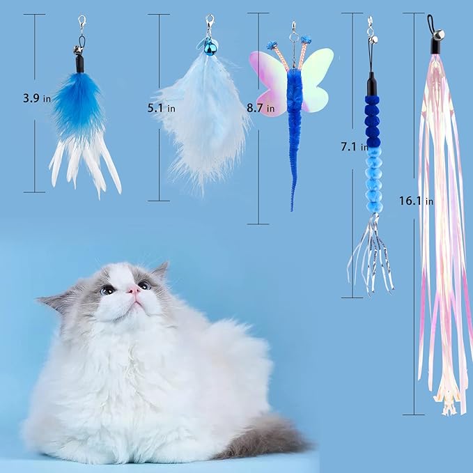 Cat Wand Toy for Indoor Cats 6PCS Fairy Feather Cat Toys with Retractable Fishing Pole Replaceable Feather Attachments Dragonfly Tassel Worm with Bells Cat String Kitten Toy Gift (Blue)