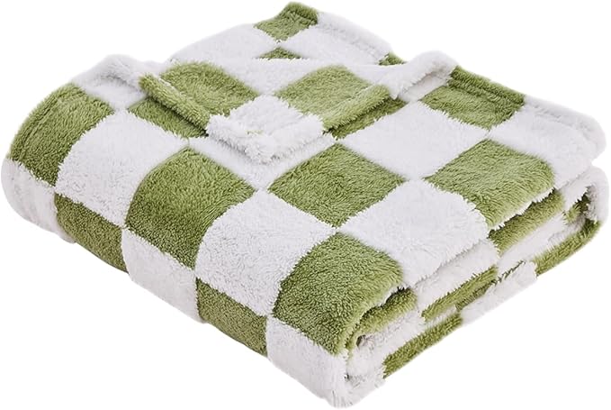 Qeils Jacquard Dog Blankets for Large Dogs, Cozy Calming Pet Blanket Washable for Couch Protection, 280GSM Coral Fleece Plush Fluffy Throw Blanket, Sage Green Checkered, 50x60IN