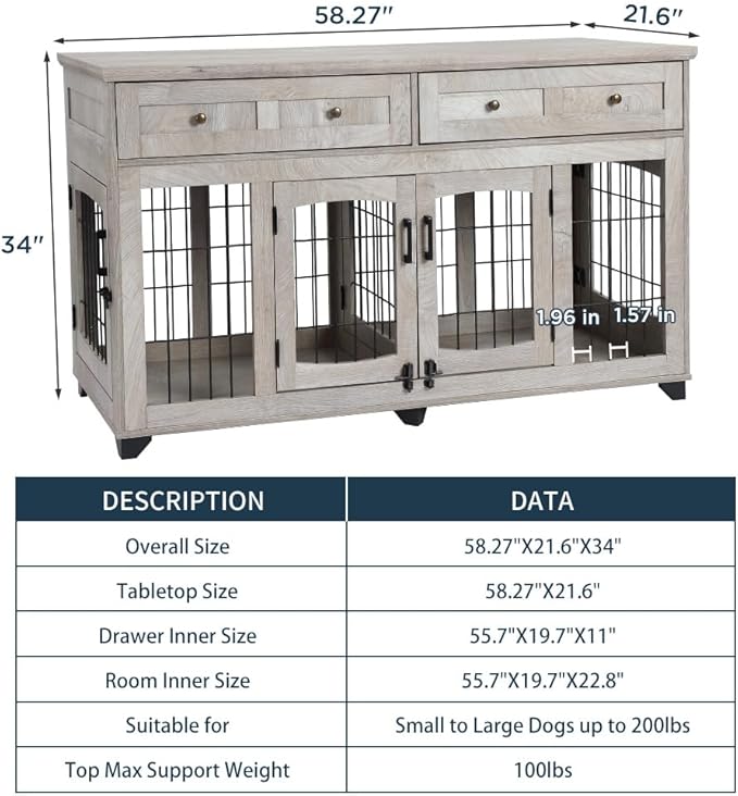 2 Rooms Dog Crate Furniture with Openable Partition,58" Wooden Dog Crate Table with 2 Drawers,5-Doors Dog Furniture,Indoor Dog Kennel,Dog House,Dog Cage,TV Stand (Grey)