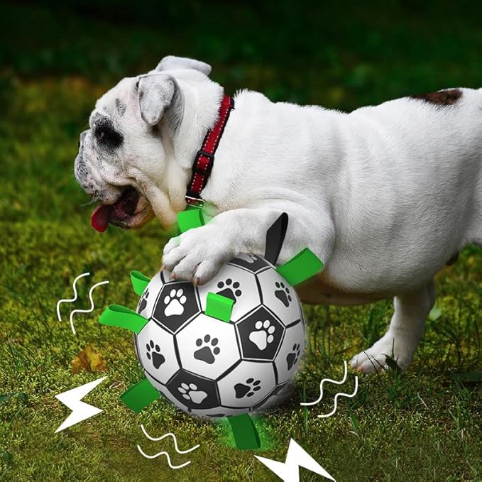 QDAN Dog Soccer Balls Toy with Bell Inside, Outdoor Interactive Dog Toys for Tug of War, Puppy Birthday Gifts, Dog Water Toy, Durable Ropes Squeaky Soccer Dog Ball for Medium and Large Dogs (8 INCH)