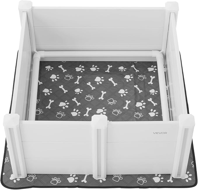 VEVOR Dogs Whelping Box, 38.6 x 38.6 x 18.1 inch, Plastic PVC Puppies Playpen with Height Adjustable Door and Washable Pee Pad, Anti-Deformation Indoor Puppy Play Pen for Medium Breed Dogs, Milk White