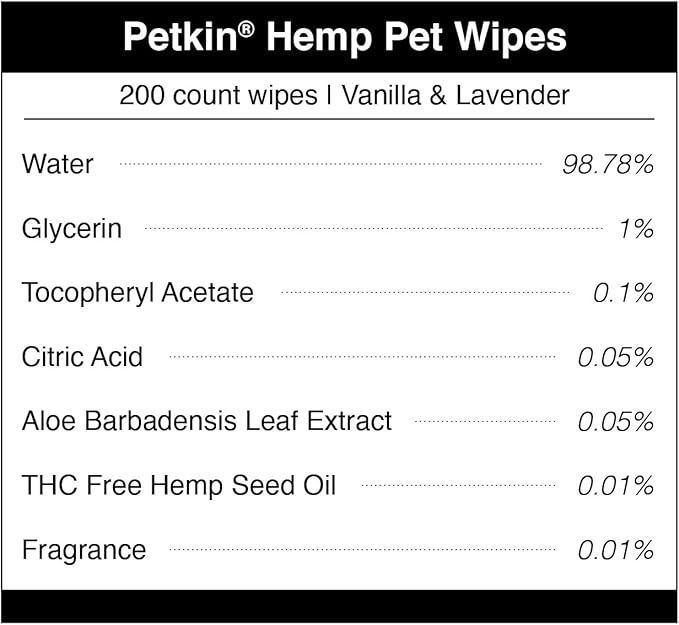 Petkin Hemp Pet Wipes for Dogs and Cats - with Hemp Oil & Calming Lavender Scent, 200 Count - Soothes, Calms & Conditions - Wipes for Pet's Face, Eyes and Body - for Home or Travel
