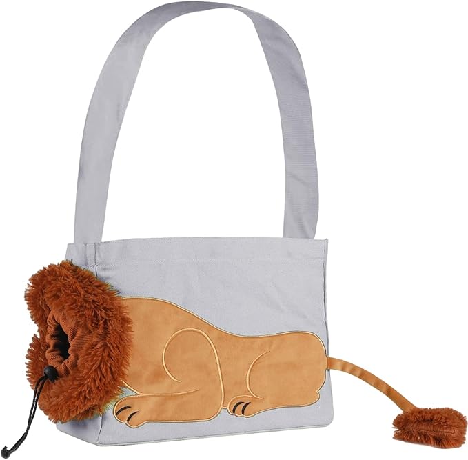 Dog Carrier Sling Lion-Shaped Pet Canvas Bag Cat Shoulder Bag Pet Body Holder for Daily Use Walking Travel Outdoor, Light Grey L