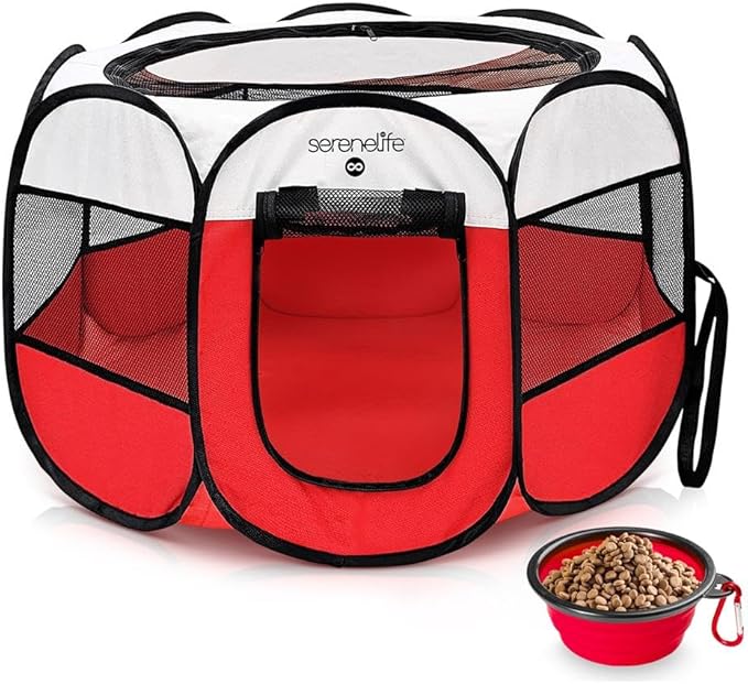 SereneLife On-The-Go Foldable Portable Pet Tent 8-Panel Playpen for Dog & Cat w/Food/Water Bowl, Mesh Exercise Puppy Playground, Pet House Indoor & Outdoor, Travel & Camping Pet Kennel (Red- Medium)