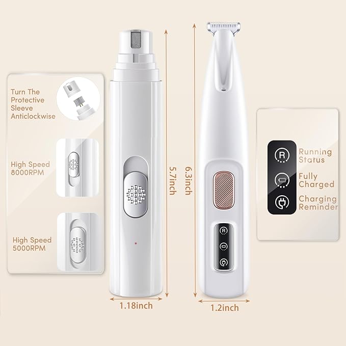 Dog Nail Grinder, Dog Paw Trimmer Quite, 2-Speed Pet Nail Grinder for Dogs, Efficient Paw Trimmer for Dogs, Professional Dog Cat Pet Nail Grinder and Paw Trimmer Grooming Kit for Eyes, Ears and Feet