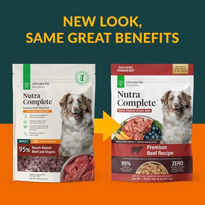 ULTIMATE PET NUTRITION Nutra Complete, 100% Freeze Dried Veterinarian Formulated Raw Dog Food with Antioxidants Prebiotics and Amino Acids (1 Pound, Beef)