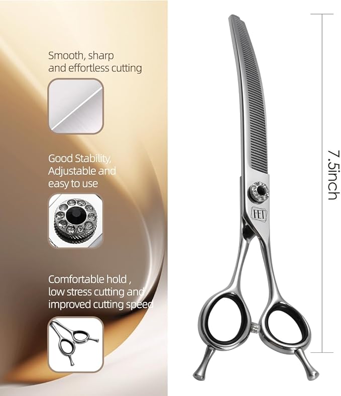 Dog Grooming Scissors: 7.5 inch Professional Pet Curved Thinning Shears Made Of Japanese 440C Advanced Stainless Steel for Dogs Cats and Other Pets