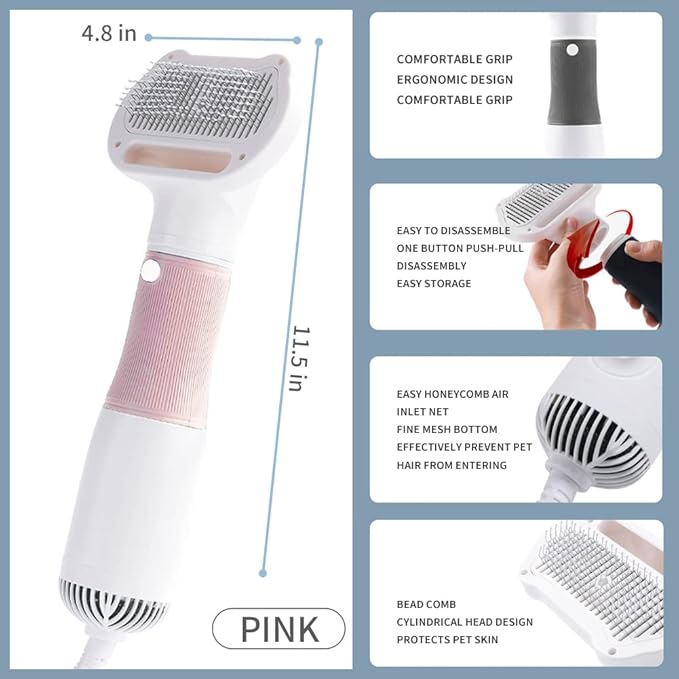 3 in 1 Professional Pet Grooming Brush with Hair Dryer, Slicker Brush, and Adjustable 3 Temperature Settings for Dogs and Cats (Pink)