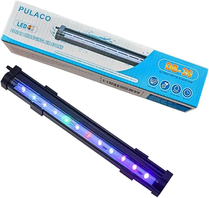 PULACO 2W Aquarium Fish Tank Air Stone with Automatic Color Changing LED Light (Length -10" for Small Fish Tank) for Aquarium Air Pump