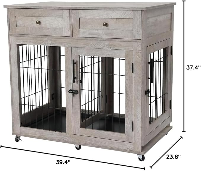 Dog Crate Furniture, Wooden Dog Kennel with Room Divider and Tray, Double Rooms Dog Cage, Wooden Dog Crate Table with 2 Drawers End Table