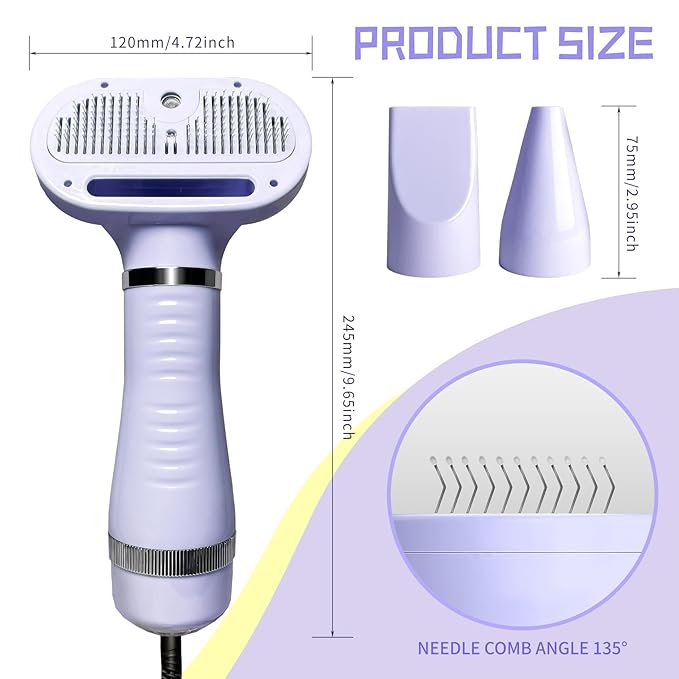 Spray Cat Brush for Shedding Pet Hair Dryer with Slicker Brush - Home Grooming Furry Portable Drying Blower for Short Straight Hair Cat - 3 in 1 Cleaning Brush for Cats and Dogs (PURPLE)