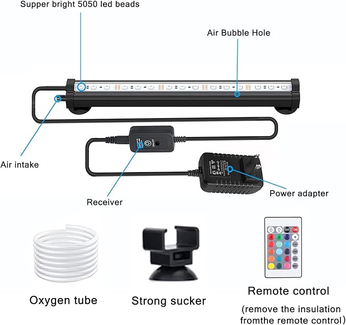 LED Aquarium Lights for Fish Tank,Submersible Fish Tank Light with Air Bubbler Hole Bubble Wall RGB Color Changing Brightness Adjustable Waterproof Remote Control Bubble Tube Light,4W 12inch
