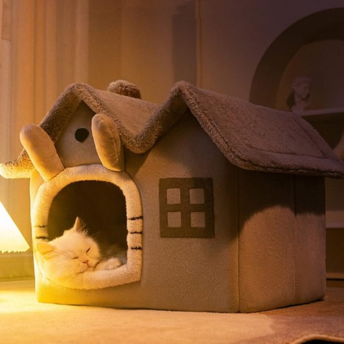 Luxury Double Roof Indoor Dog House Cat Nest,Foldable Warm Soft Kennel,30D High Elastic Memory Sponge,Removable Cushion and Non-Slip Bottom (Grey Double Roof, S)