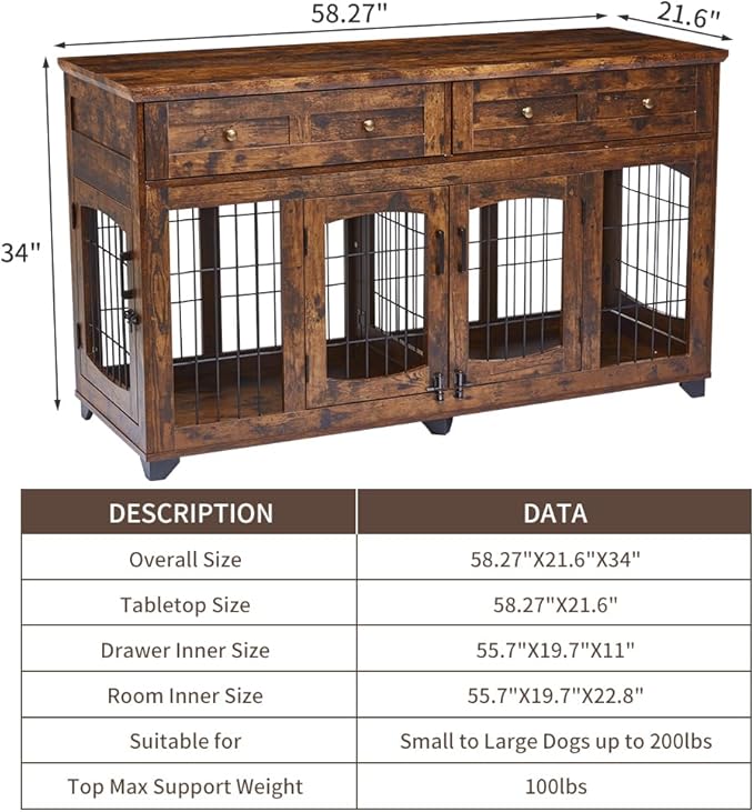 2 Rooms Dog Crate Furniture with Openable Partition,58" Wooden Dog Crate Table with 2 Drawers,5-Doors Dog Furniture,Indoor Dog Kennel,Dog House,Dog Cage,TV Stand (Brown)