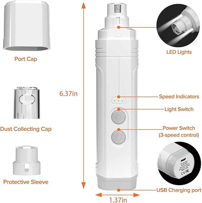 NUMINA Dog Nail Grinder with 2 LED Light 3-Speed Professional Electric Rechargeable Pet Nail Trimmer Quiet Painless Paws Grooming & Smoothing for Small Medium Large Dogs & Cats (White)